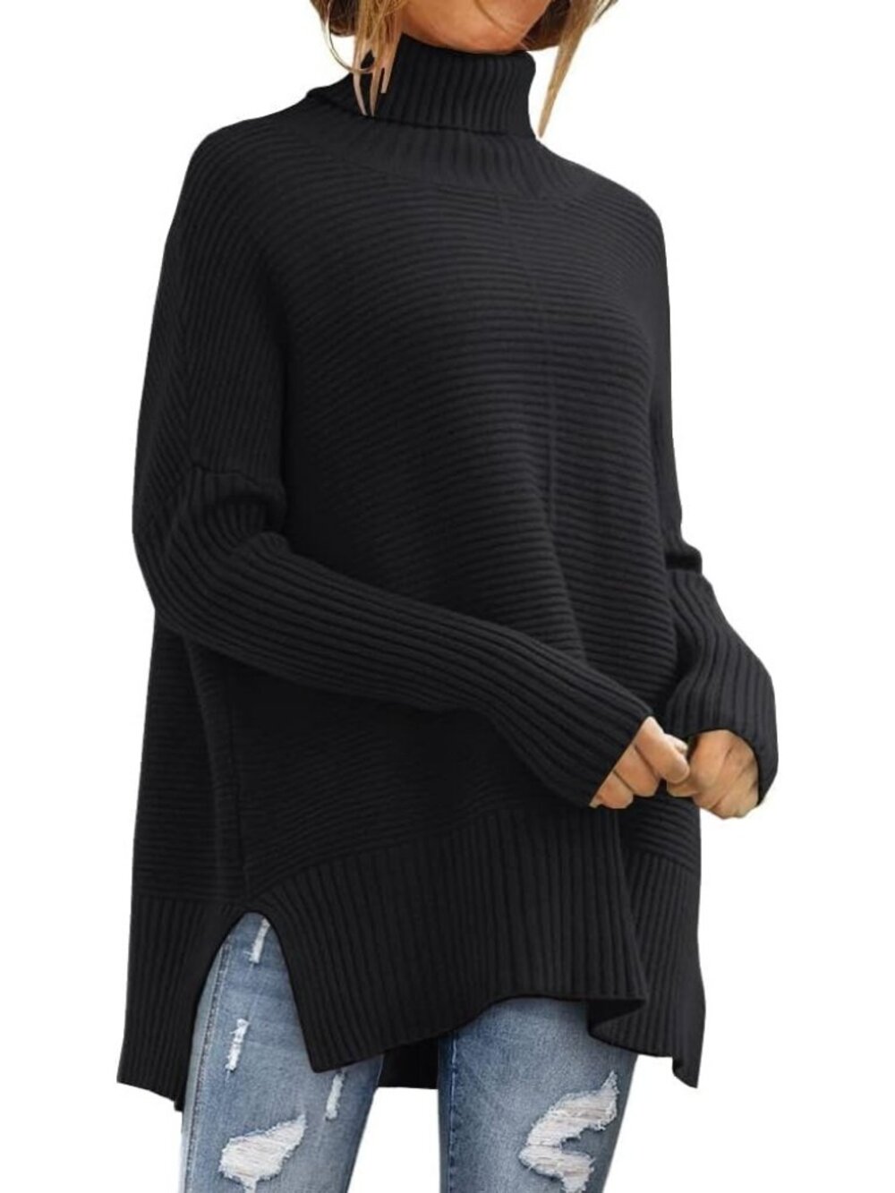 Women's Black Oversized Roll Neck Turtleneck Tops Fashion Pullover Tunic Sweater